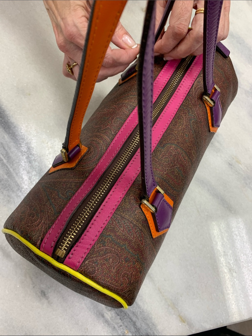 Multicolor Paisley Mini Cylinder Bag with Purple, Pink & Orange Accents - Picture 2 of 6